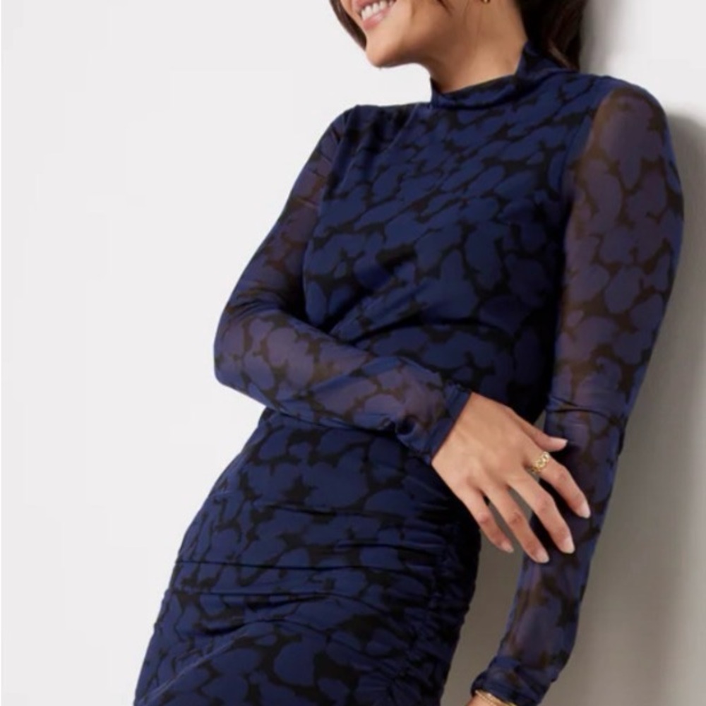 Evereve Pierre Mesh Black/Blue Long Sleeve Dress